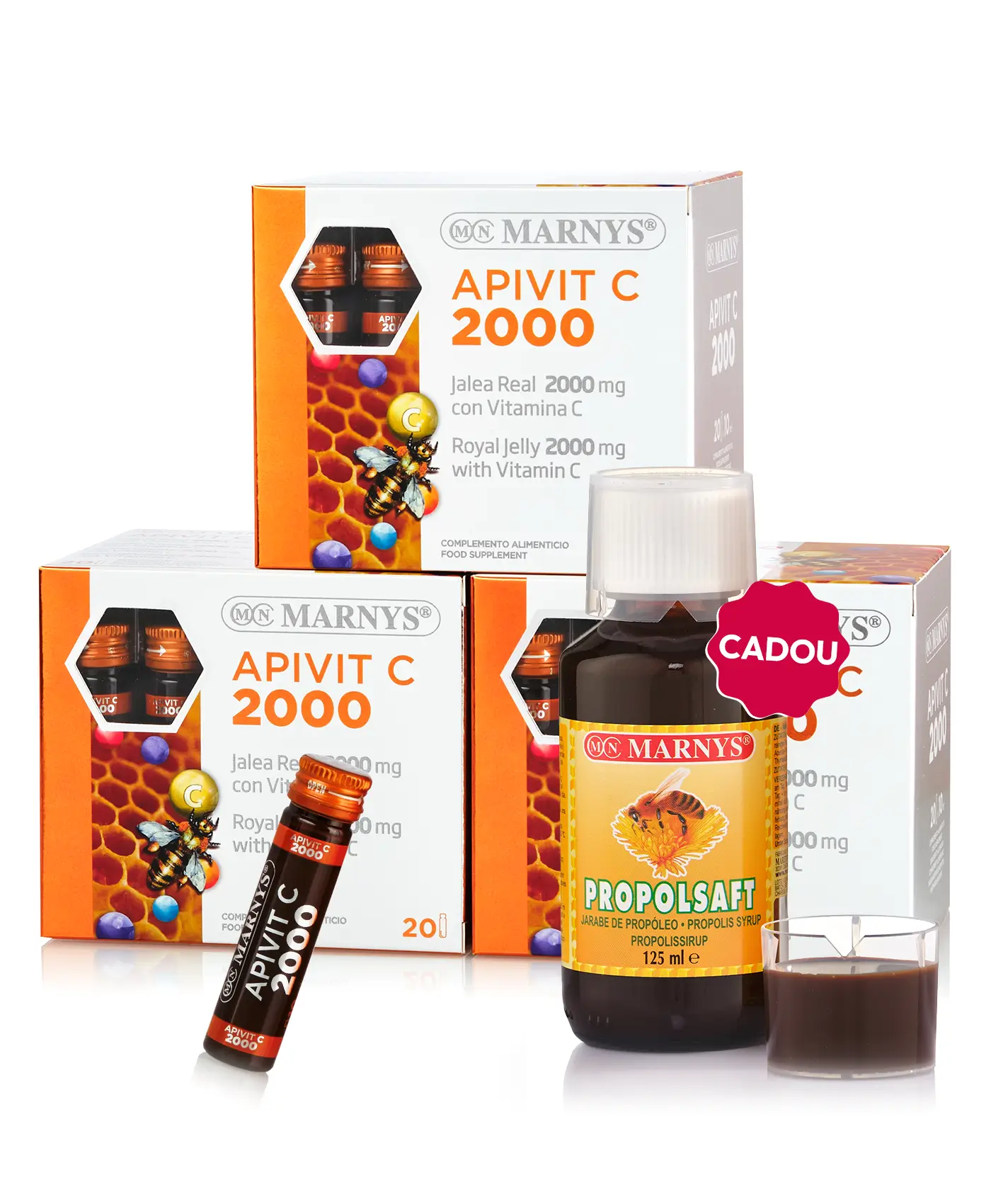 Pachet Imunitate Fiole - 3 cutii × Apivit C 2000 + Cadou Propolsaft 125 ml
