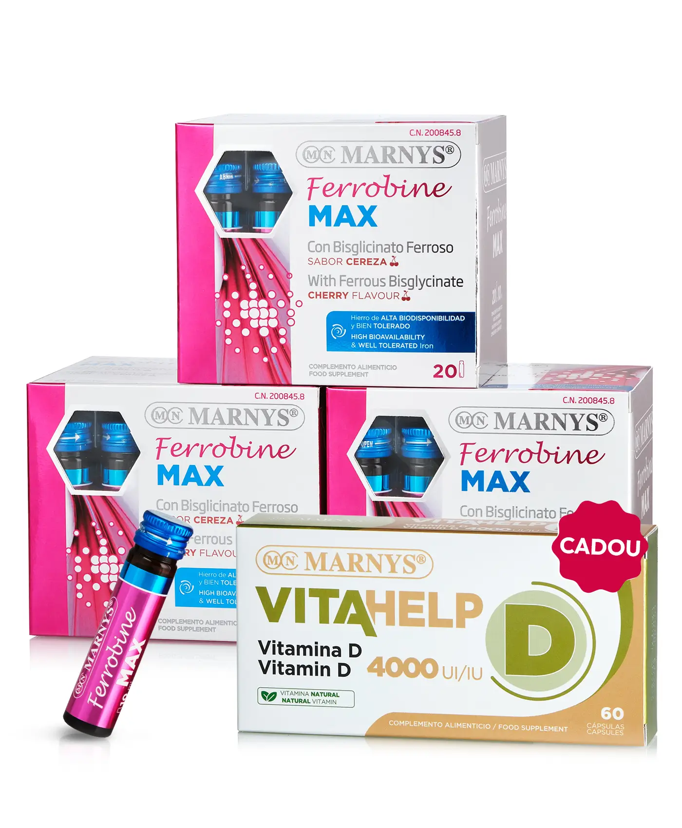 Pachet Energie de Toamnă - 3 cutii × Ferrobine Max (Fier + Zinc + Vitamine B) + Cadou Vitamina D 4000 UI