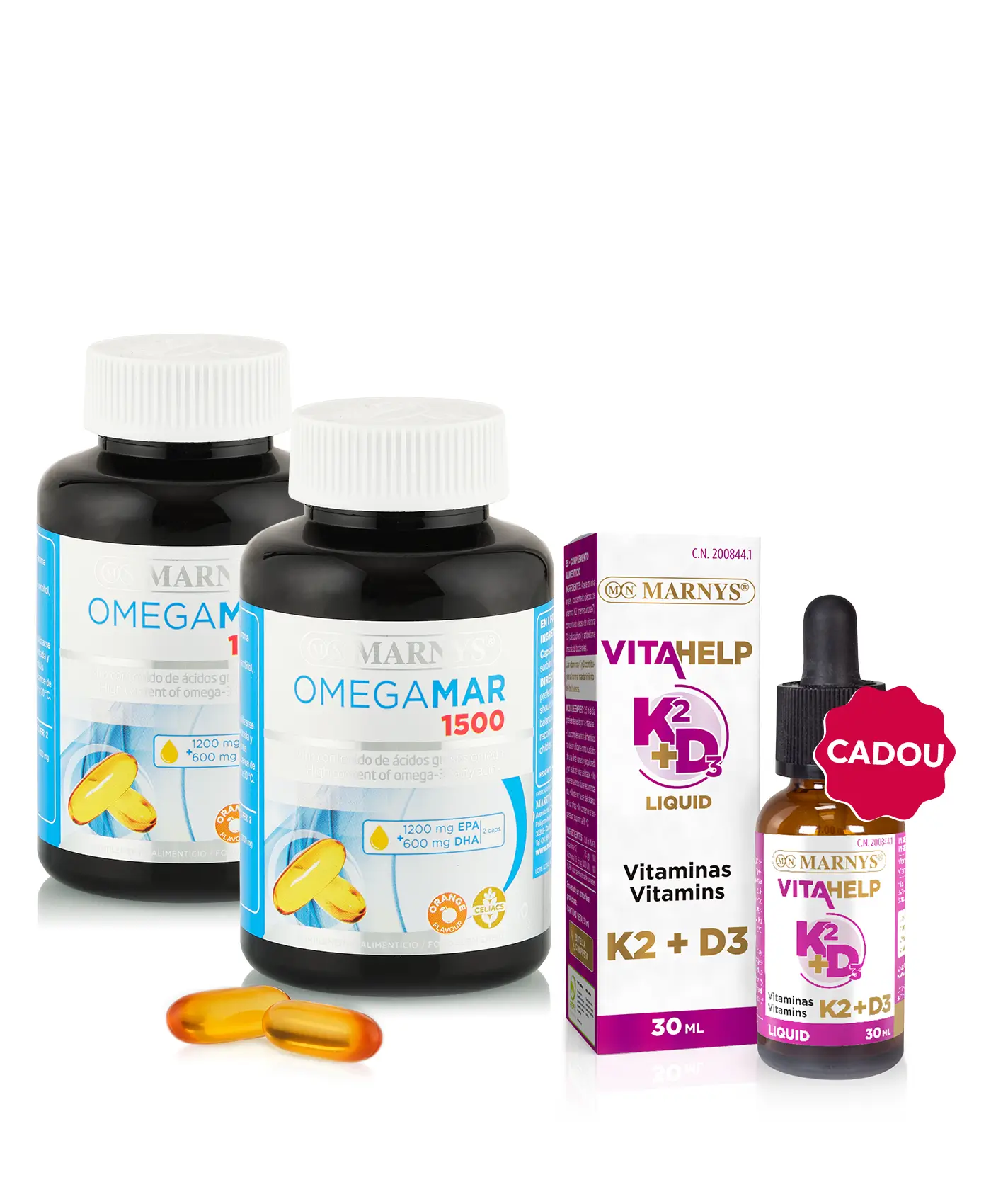 Pachet Omega 3 & Vitamina D - 2 cutii × Omegamar 1500 mg (EPA + DHA) + Cadou Vitamina K2 + D3 Lichidă