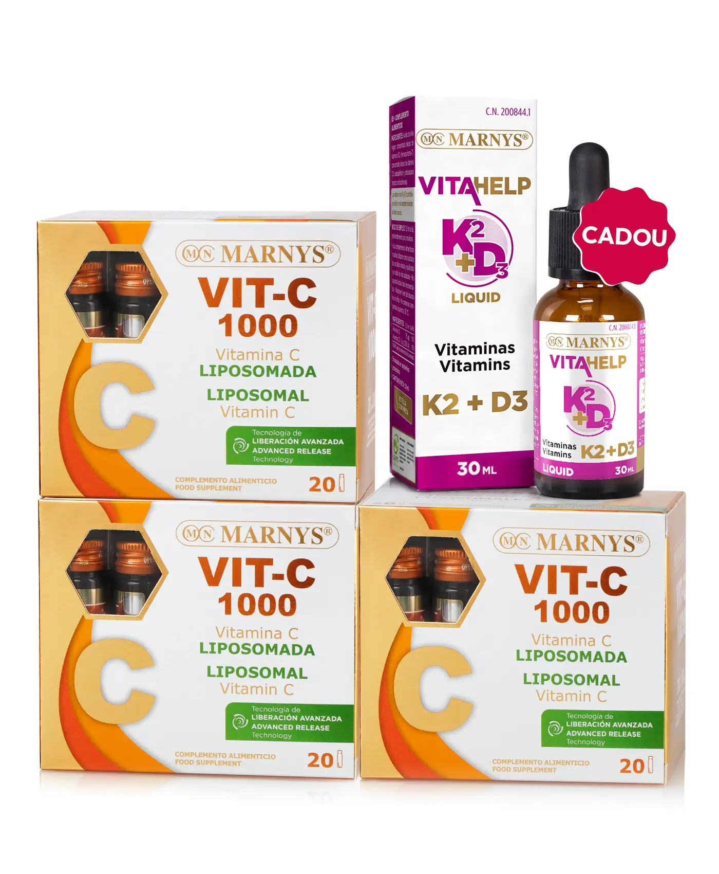 Pachet Vitaminele C, D3 și K2 - 3 cutii × Vitamina C Lipozomală 1000 mg + Cadou Vitamina K2 + D3 Lichidă